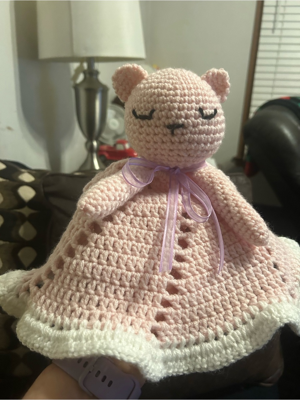 Handmade Pink Crochet Bear Lovey with White Trim